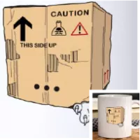 Mug personnalisé science et humour, chat de Schrödinger dans un carton avec une patte sortie.