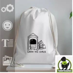 Sac coton léger et humour, garde des seaux, seau habillé en garde, calembour à personnaliser en ligne.