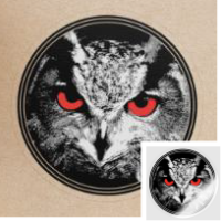 Sticker hibou personnalisé, tête de hibou aux beaux yeux oranges, à imprimer avec Spreadshirt.