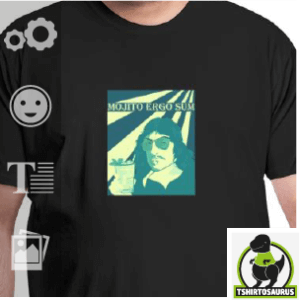 Tee-shirt drôle : Mojito ergo sum, citation humoristique et portrait de Descartes.