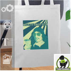 Tote bag apéro mojito rigolo, Descartes qui boit un cocktail, citation détournée mojito ergo sum.