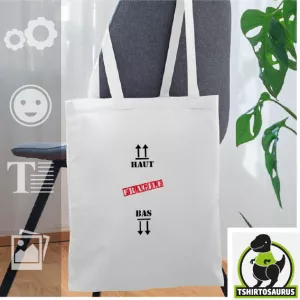 Tote bag haut bas fragile à créer soi-même avec le designer Spreadshirt. Police stencil pochoir / armée, bandeau signalisation.