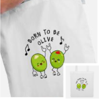 Tote bag personnalisé born to be alive avec dessin humoristique olives et disco personnalisable.