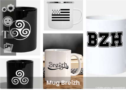 Mug Breizh, mug nour ou blanc avec symbole Bretagne ou sigle BZH et Breizh écrits en polices stylées.