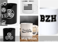 Mug Breizh, mug nour ou blanc avec symbole Bretagne ou sigle BZH et Breizh écrits en polices stylées.