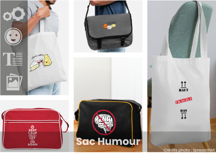 Sac humour à personnaliser : créez votre sac bandoulière humoristique, tote bag blague, sac de cours avec citation rigolote.