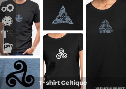Votre t-shirt celtique original à créer vous-même, placez le symbole ou nœud celtique, ajoutez votre texte... et imprimez en ligne.