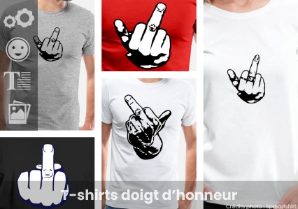 T-shirt doigt d'honneur à personnaliser : choisissez le geste du doigt, ajoutez votre slogan ou votre texte, sélectionnez un modèle de t-shirt Spreadshirt.