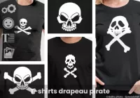 Créez votre t-shirt drapeau pirate original avec un emblême pirate ou une tête de mort stylée, taille et couleur personnalisable.