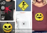 Personnalisez et imprimez votre t-shirt Halloween original ou rigolo avec un motif citrouille, zombie rigolo ou squelette.