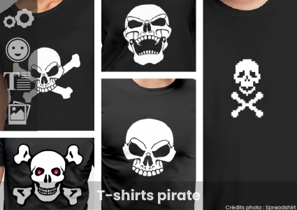 T-shirt pirate : personnalisez et imprimez votre t-shirt original avec un emblème pirate, et faites en un drapeau de corsaire. Ajout de texte, placement libre. Impresion et gestion de commande par Spreadshirt.