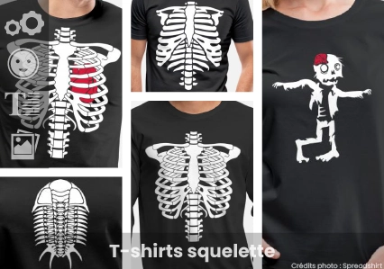Votre t-shirt squelette personnalisé : choisissez votre modèle de cage thoracique et de t-shirt noir, et imprimez un t-shirt original pour Halloween.