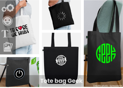 Tote bag geek : customisez et imprimez votre motif geek sur un tote bag standard et minimaliste, avec l'outil de personnalisation Spreadshirt.